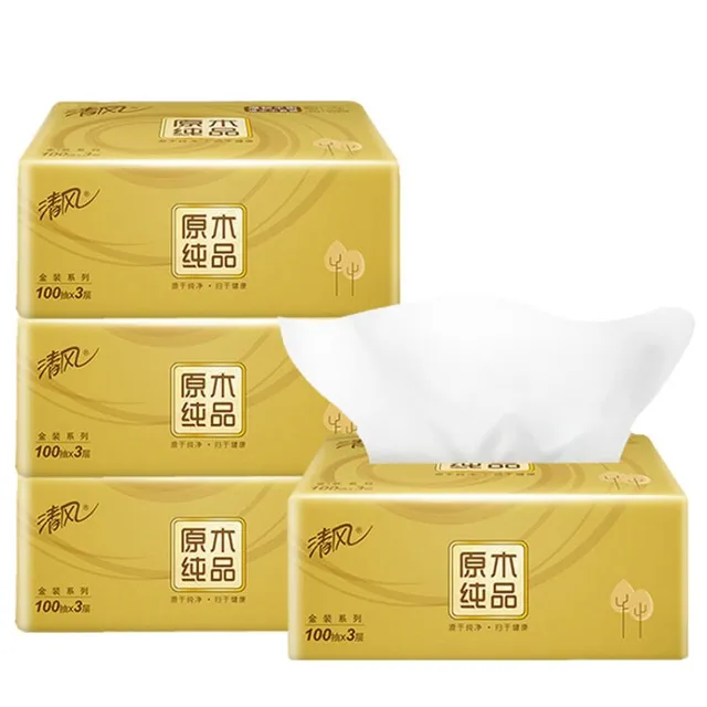 清风3层100抽原木金装面巾纸抽纸24包(整箱)AR42GZZ1-1