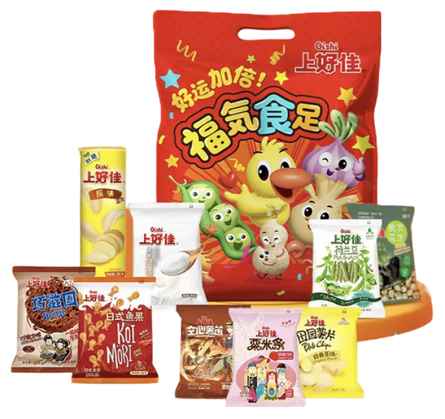 酸奶糖 100g 醇脆薯片罐装 85g(原味) 荷兰豆 50g 空心薯笛 35g 脆衣花生 85g 日式鱼果 12g 巧滋圈 12g 粟米条 11g 田园薯片 12g
